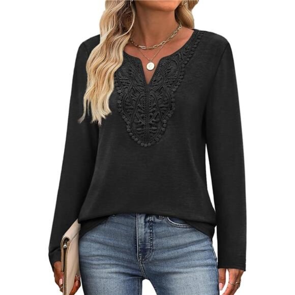 Boho V-Neck Blouse with Lace Detail – Flowy Long Sleeve Tunic Top - Picture 1 of 7